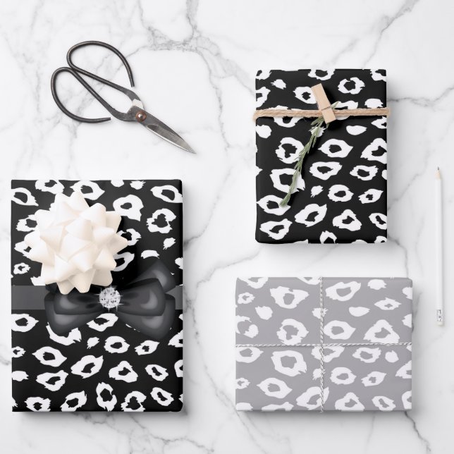 Black White Leopard Print with Bow Birthday Wrapping Paper Sheets (Front)
