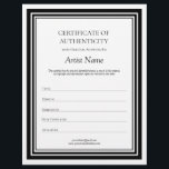 Black & White Letter Certificate of Authenticity  Letterhead<br><div class="desc">Fully customizable paper Certificate of Authenticity template with thick black border in a vertical letter size format. Add your artist name and customize any other text field to design a unique and classic Certificate of Authenticity to complement your artworks.</div>