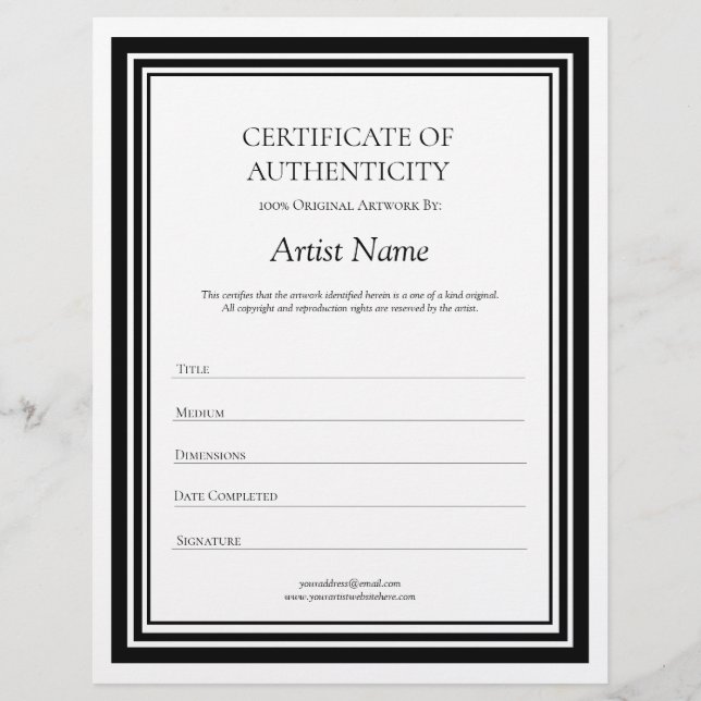 Black & White Letter Certificate of Authenticity  Letterhead (Front)