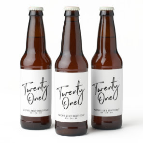 Black & White Lettering 21st Birthday Party Beer Bottle Label