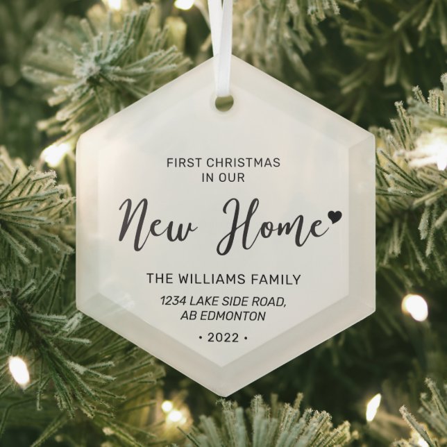 Black & White Lettering New Home Address Christmas Glass Ornament (Insitu)