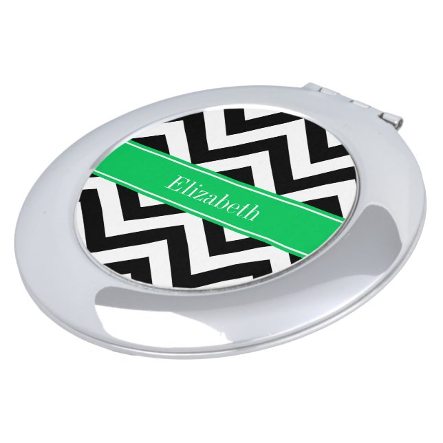 Black White LG Chevron Emerald Name Monogram Compact Mirror (Turned)