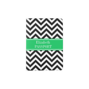 Black White LG Chevron Emerald Name Monogram Passport Holder