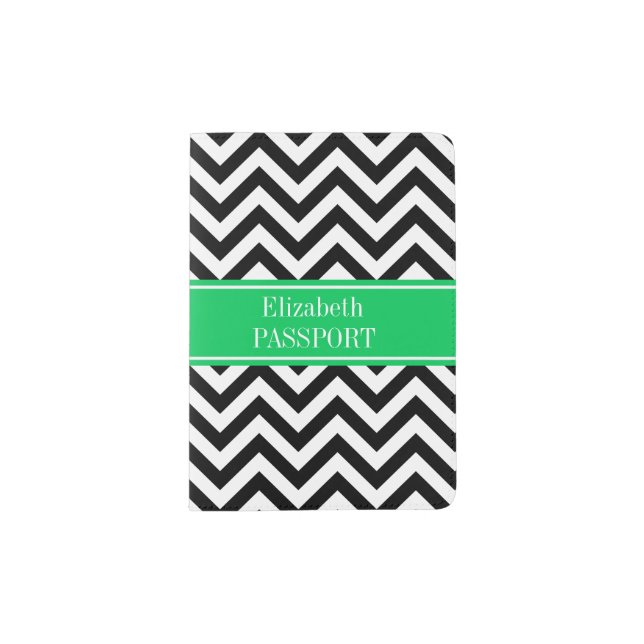 Black White LG Chevron Emerald Name Monogram Passport Holder (Front)