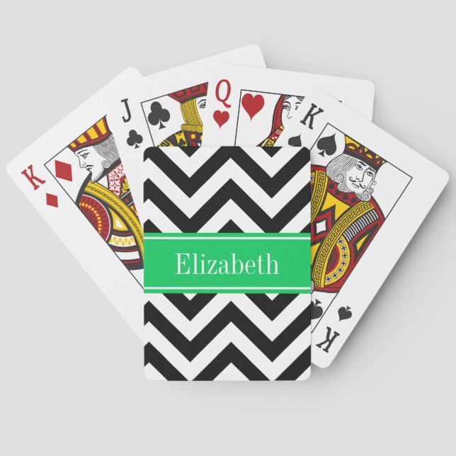 Black White LG Chevron Emerald Name Monogram Poker Cards (Back)