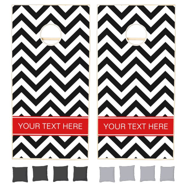 Black White LG Chevron Red Name Monogram Cornhole Set (Set)