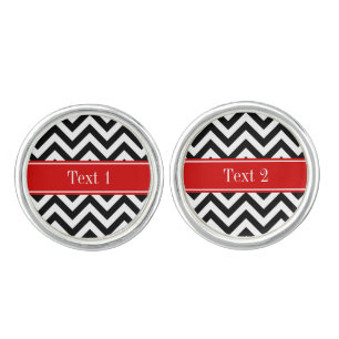 Black White LG Chevron Red Name Monogram Cufflinks