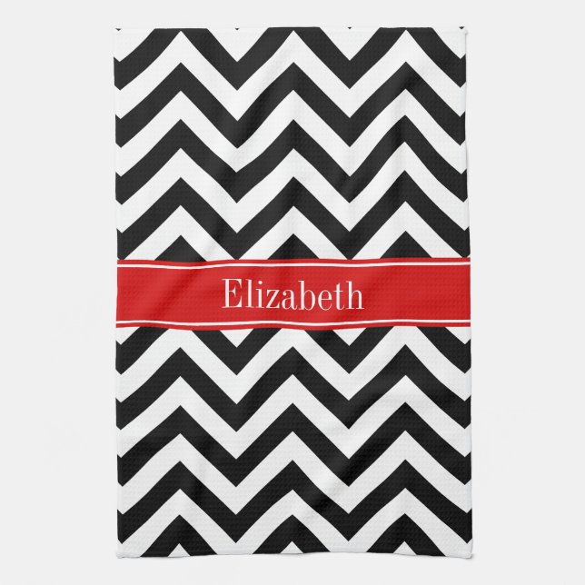 Black White LG Chevron Red Name Monogram Kitchen Towel (Vertical)