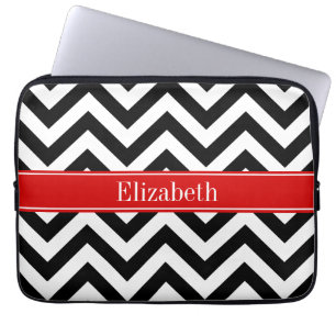 Black White LG Chevron Red Name Monogram Laptop Sleeve