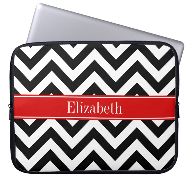 Black White LG Chevron Red Name Monogram Laptop Sleeve (Front)