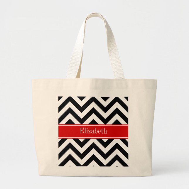 Black White LG Chevron Red Name Monogram Large Tote Bag (Front)