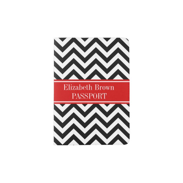 Black White LG Chevron Red Name Monogram Passport Holder (Front)