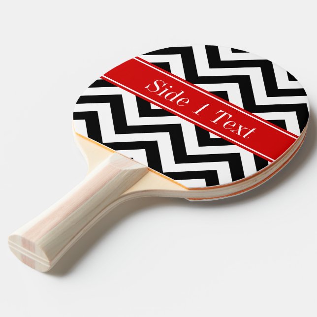 Black White LG Chevron Red Name Monogram Ping Pong Paddle (Front Angle)
