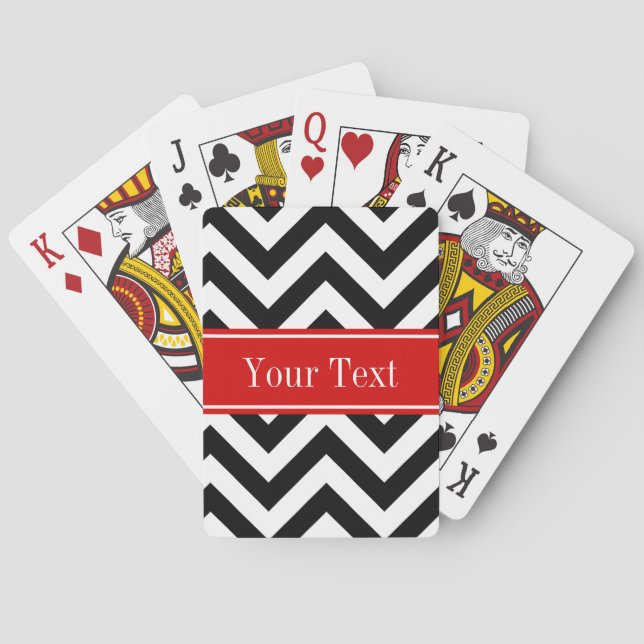 Black White LG Chevron Red Name Monogram Poker Cards (Back)
