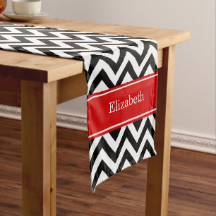 Black White LG Chevron Red Name Monogram Short Table Runner