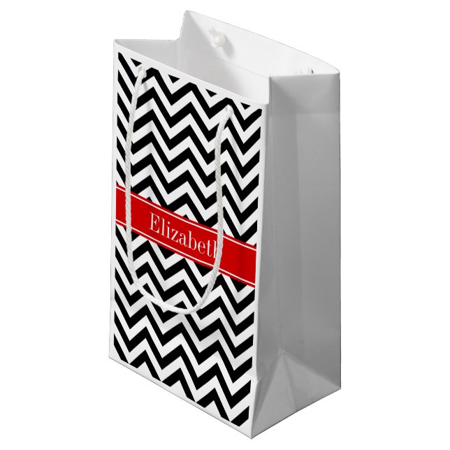 Black White LG Chevron Red Name Monogram Small Gift Bag (Front Angled)