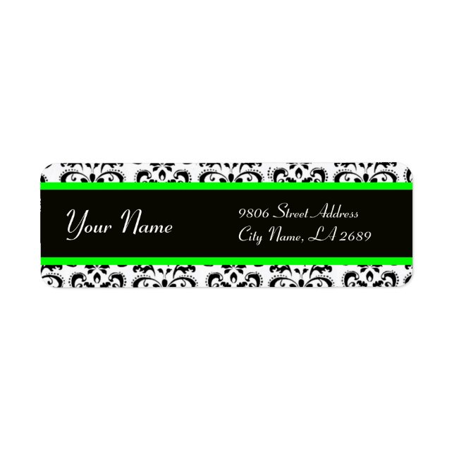 BLACK WHITE LIGHT GREEN DAMASK LABEL (Front)