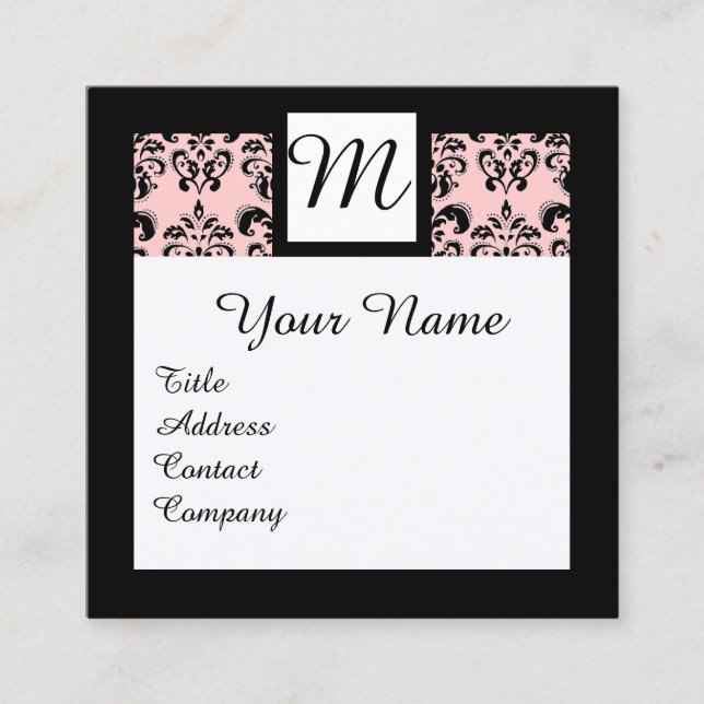 BLACK WHITE LIGHT PINK DAMASK SQUARE MONOGRAM BUSINESS CARD (Front)