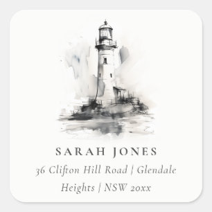 Black & White Lighthouse Nautical Sketch Address Square Sticker