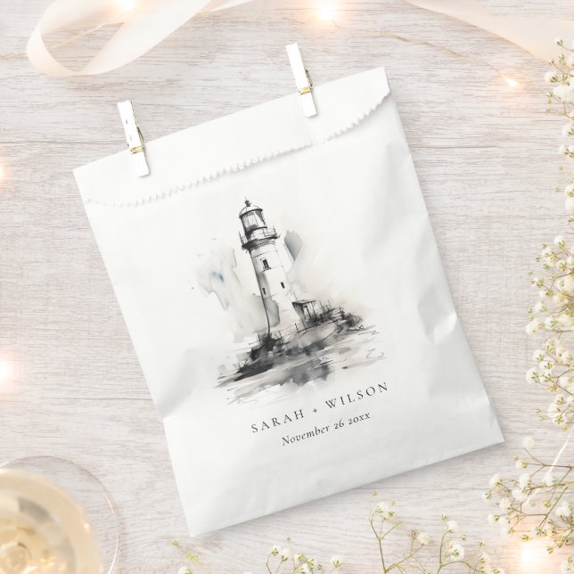 Black & White Lighthouse Nautical Sketch Wedding Favor Bag (Clipped)