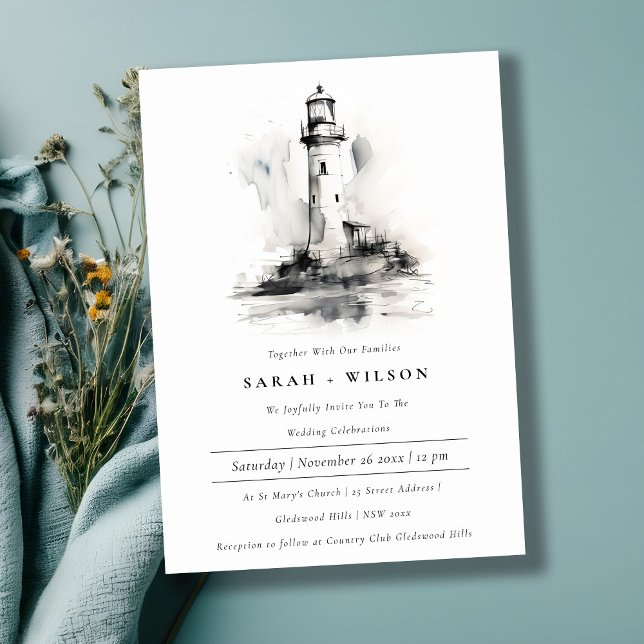 Black & White Lighthouse Nautical Sketch Wedding Invitation (Creator Uploaded)