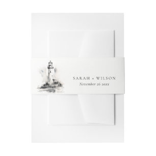 Black & White Lighthouse Nautical Sketch Wedding Invitation Belly Band