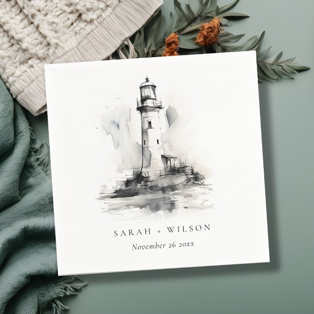 Black & White Lighthouse Nautical Sketch Wedding Napkins (Creator Uploaded)