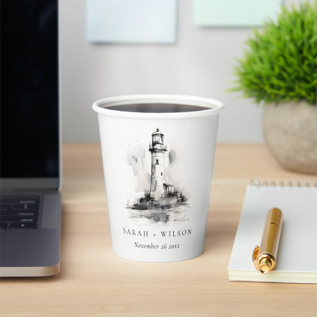 Black & White Lighthouse Nautical Sketch Wedding Paper Cups (Insitu)