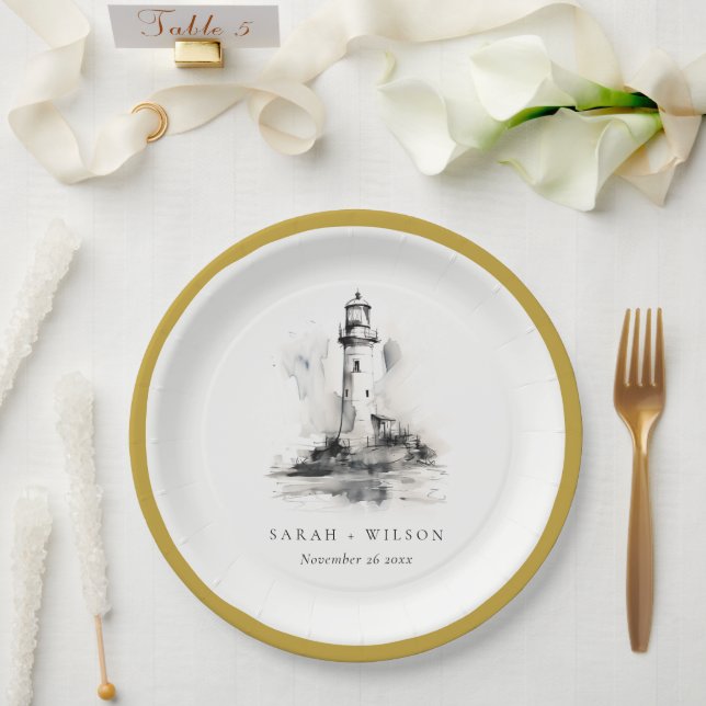 Black & White Lighthouse Nautical Sketch Wedding Paper Plates (Wedding)