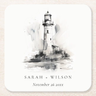 Black & White Lighthouse Nautical Sketch Wedding Square Paper Coaster