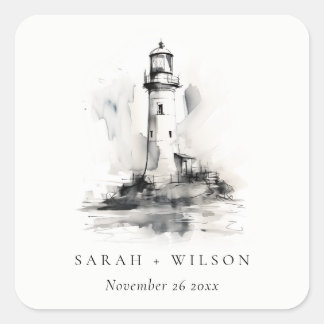 Black & White Lighthouse Nautical Sketch Wedding Square Sticker
