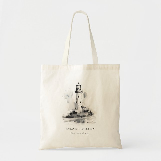 Black & White Lighthouse Nautical Sketch Wedding Tote Bag (Front)