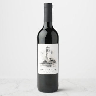 Black & White Lighthouse Nautical Sketch Wedding Wine Label