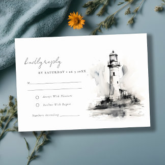Black & White Lighthouse Nautical Wedding RSVP Card