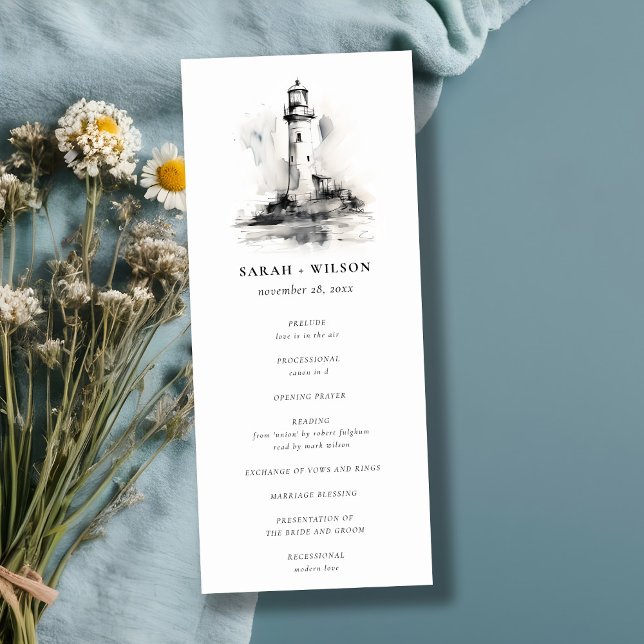 Black & White Lighthouse Sketch Wedding Program (Creator Uploaded)