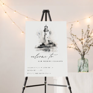 Black & White Lighthouse Sketch Wedding Welcome Foam Board
