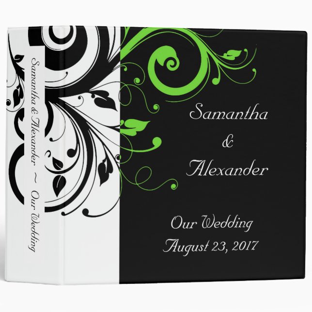 Black/White/Lime Green Bold Swirl Wedding 3 Ring Binder (Front/Spine)