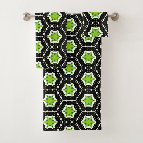 Black White  Lime Green Hexagon Geometric Pattern Bath Towel Set