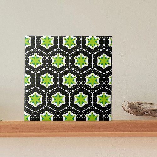 Black White  Lime Green Hexagon Geometric Pattern Ceramic Tile