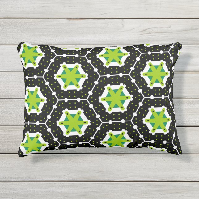 Black White & Lime Green Hexagon Geometric Pattern Outdoor Pillow (Front)