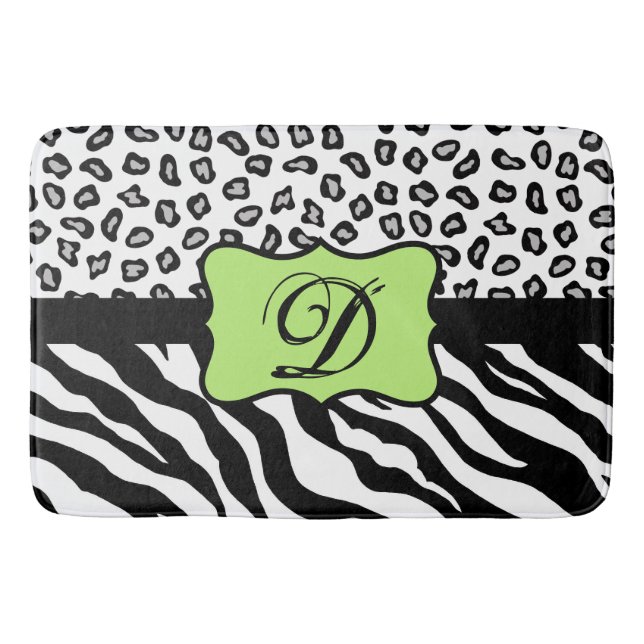 Black White Lime Green Zebra Leopard Skin Monogram Bathroom Mat (Front)