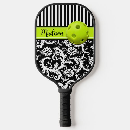 Black White Lime Stripes Abstract Floral  Pickl Pickleball Paddle