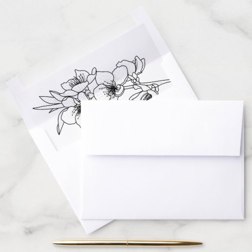 Black white line art branch and blossoms wedding envelope liner
