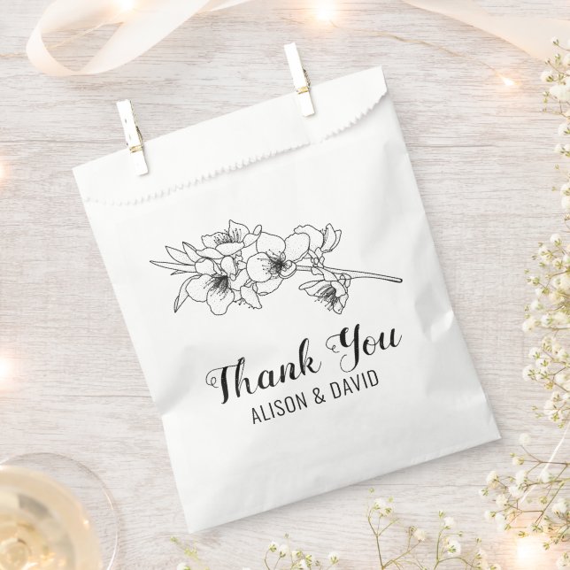 Black white line art branch with blossoms favor bag (Clipped)
