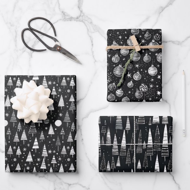 Black & White Line Art Christmas Trees & Ornaments Wrapping Paper Sheets (Front)