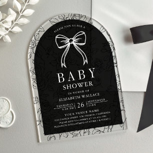 Black White Line Art Coquette Bow Baby Shower Acrylic Invitations