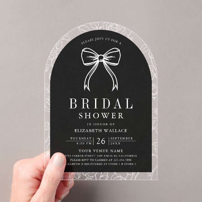 Black White Line Art Coquette Bow Bridal Shower Acrylic Invitations (Insitu (Handheld))