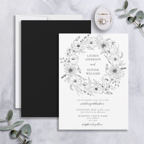 Black White Line Art Floral Wreath Wedding Invitation