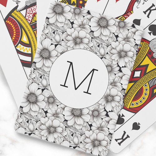 Black White Line Art Flowers Floral Monogram  Playing Cards