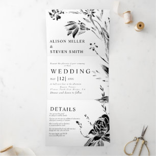 Black, white line art flowers photo wedding Tri-Fold invitation
